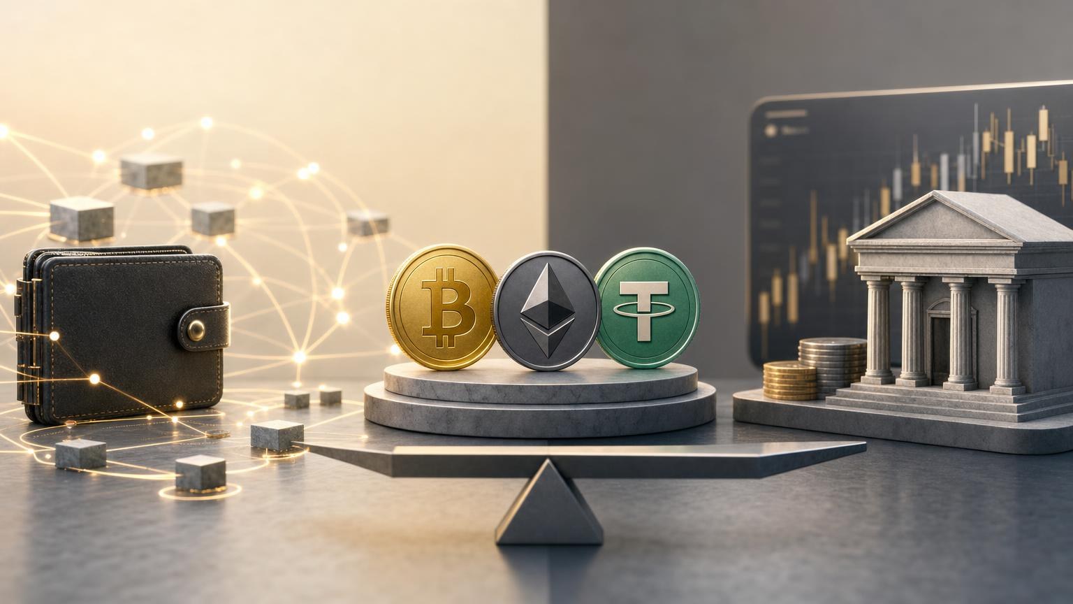 A transaction review screen separating Bitcoin, Ethereum, and USDT network costs from the exchange service fee